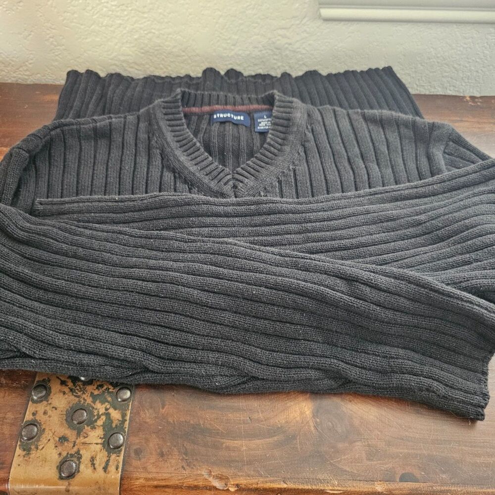 Vtg 90s Structure Chunky Ribbed V-Neck Cotton Sweater Mens Large Charcoal Grey - Picture 3 of 4